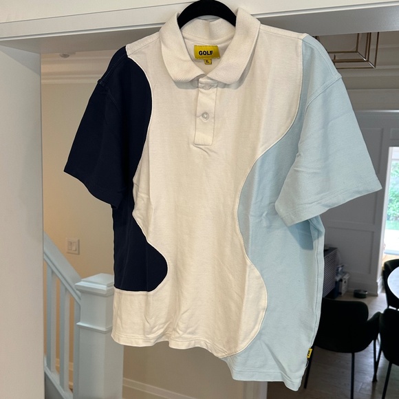 Men's GOLF WANG Navy/Sky Blue/White Ripple Knit Polo Shirt - Size XL - Picture 5 of 13